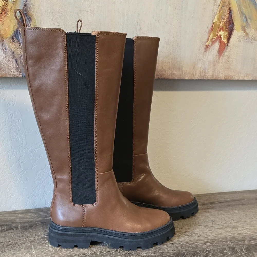 Madewell Brown Leather Heeled Boots with Black Panel - Picture 5 of 11